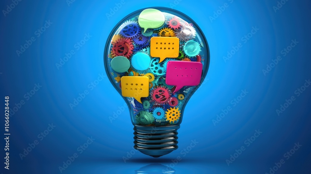 Poster a luminous lightbulb filled with mechanical gears and colorful speech bubbles, set on a blue backgro