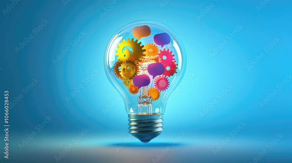 Poster a luminous lightbulb filled with mechanical gears and colorful speech bubbles, set on a blue backgro