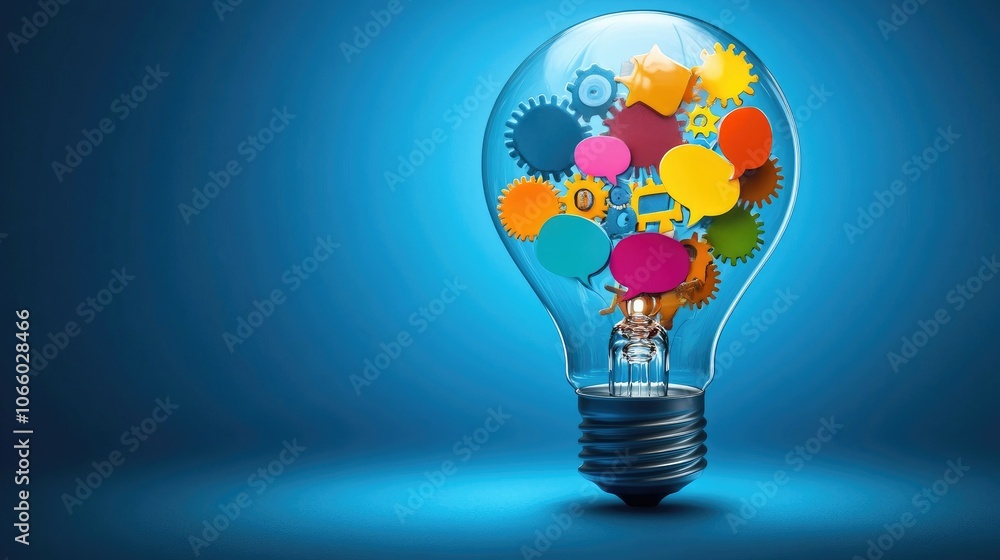 Poster a luminous lightbulb filled with mechanical gears and colorful speech bubbles, set on a blue backgro