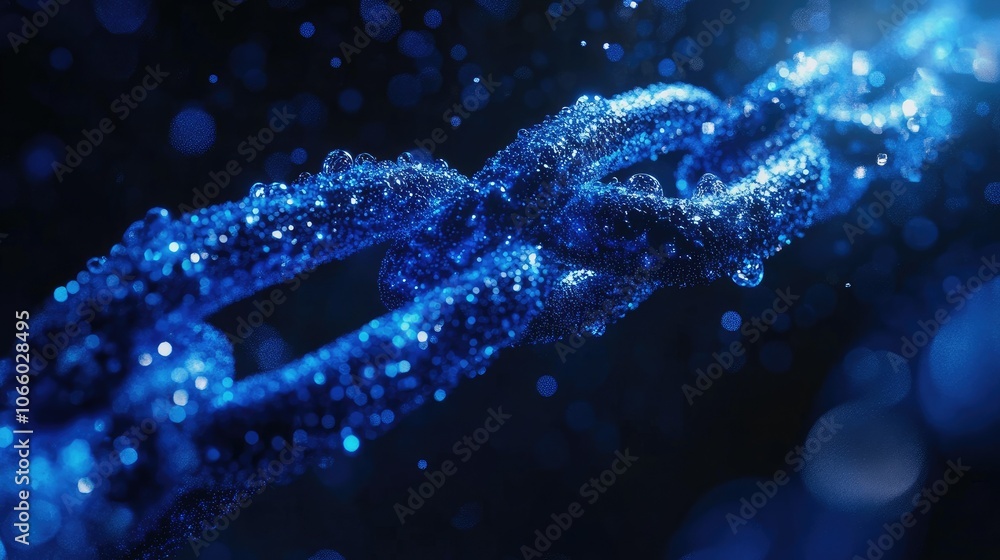 Aufkleber A mesmerizing close-up of a blue chain made up of luminous particles, showcasing the intricate design and concept behind blockchain networks.