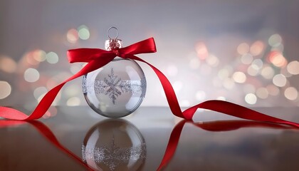 Elegant glass bauble with a red ribbon sitting on a reflective surface adorned with festive lights. Generative AI