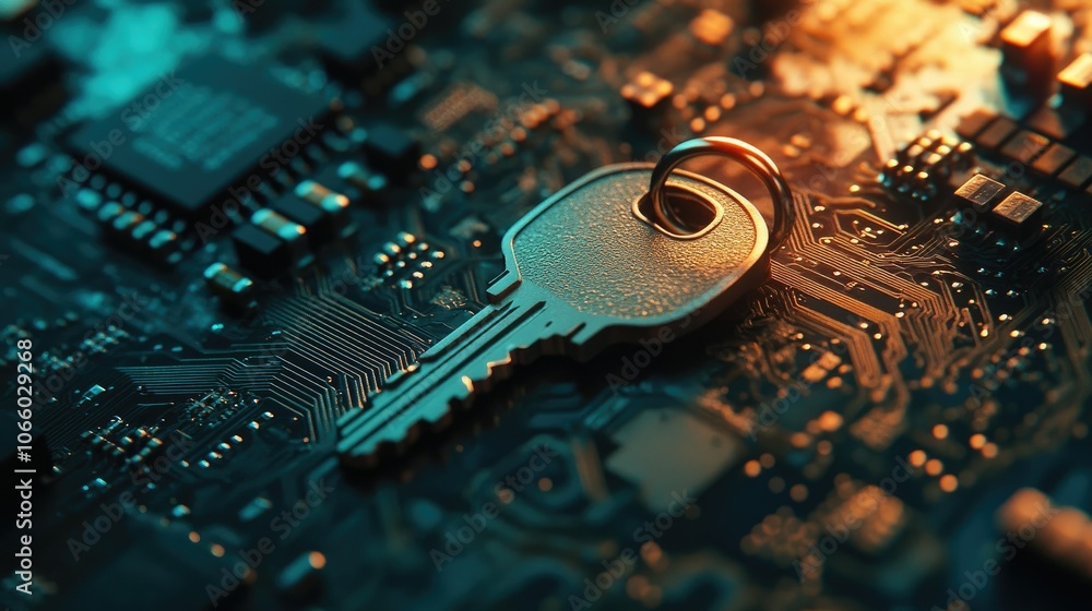 Aufkleber A visually engaging shot of a key on a circuit board, highlighting the connection between physical security and digital data protection in cybersecurity.