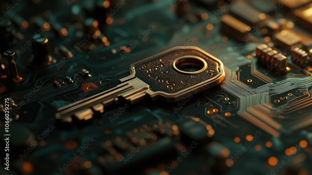 Poster A visually engaging shot of a key on a circuit board, highlighting the connection between physical security and digital data protection in cybersecurity.