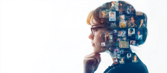 A person thinking about digital globe  network connections and social media icons,. This idea conceptual banner represents global digital communication and technology.