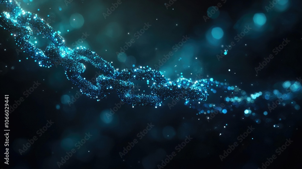 Aufkleber An artistic representation of a glowing blue chain, highlighting the small particles that symbolize the strength and security of blockchain technology.
