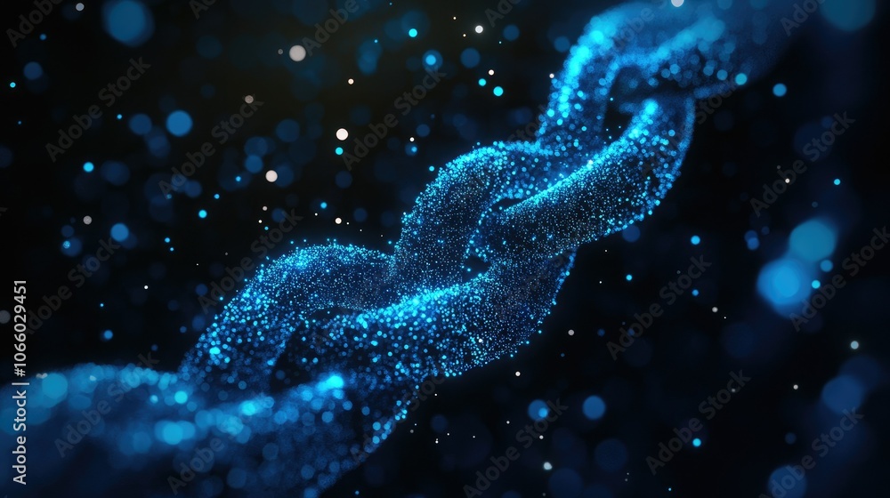 Poster An artistic representation of a glowing blue chain, highlighting the small particles that symbolize the strength and security of blockchain technology.