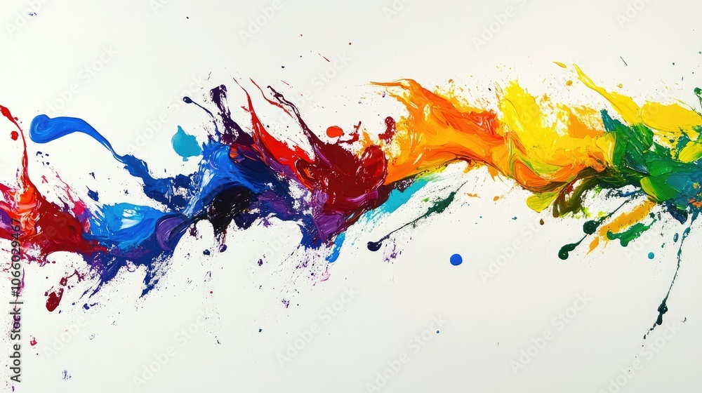 Poster an artistic representation of colorful paint splashes soaring through the air, against a stark white