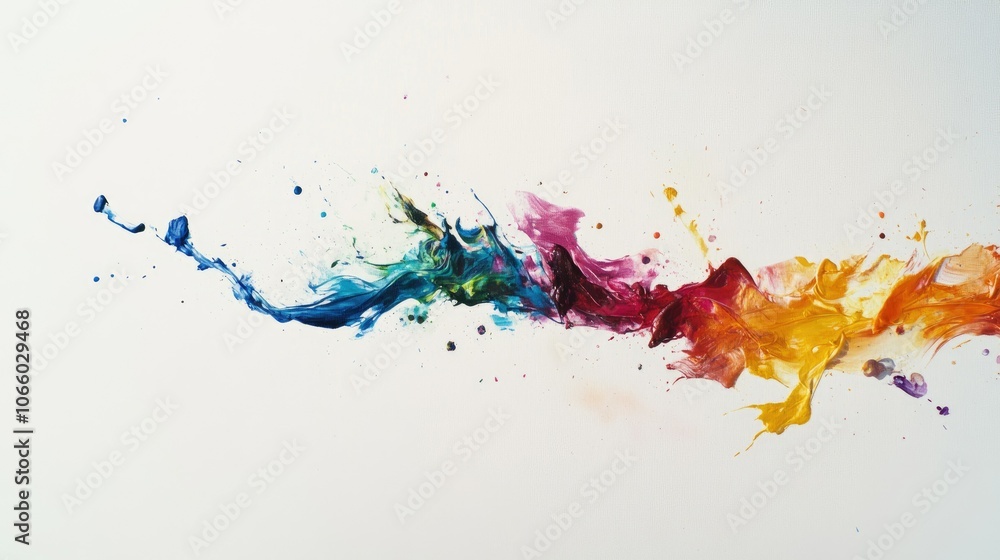 Poster an artistic representation of colorful paint splashes soaring through the air, against a stark white