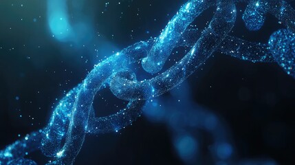 An artistic representation of a glowing blue chain, highlighting the small particles that symbolize the strength and security of blockchain technology.