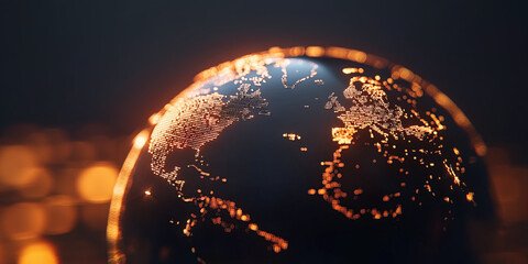 Global network lights glowing on digital Earth globe, world data connectivity, gold on black background