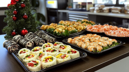 Fototapeta premium Assorted party food is displayed on a table with a decorated Christmas tree. Concept festive celebration with sushi, shrimp, and holiday decor.