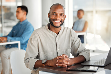 Portrait, smile and man in office, laptop and confident for email campaigns, copywriter and...