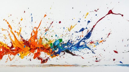 Naklejka premium An exhilarating capture of colorful paint splashes in mid-air, creating a dynamic artistic moment against a bright white backdrop.
