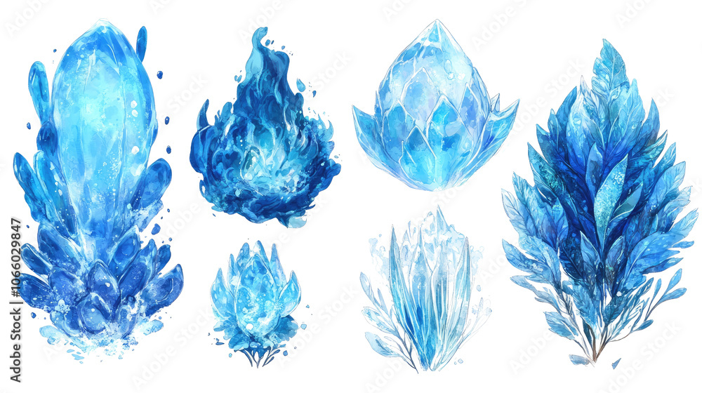 Aufkleber blue fire and crystal objects on clear background generative ai