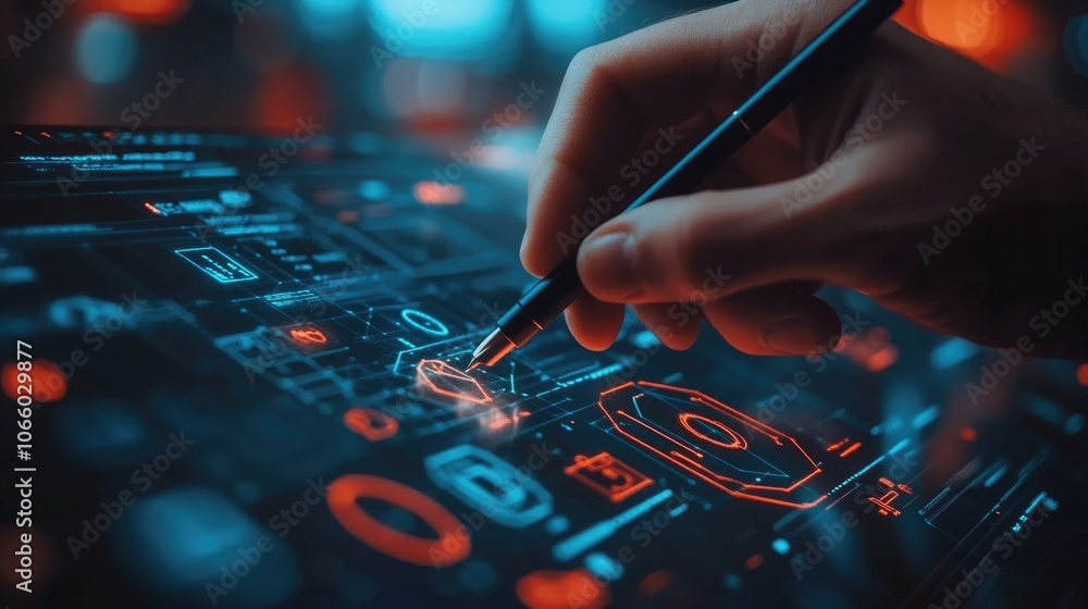 Poster Capturing the essence of cybersecurity, a hand with a pen moves through floating icons on a digital interface, symbolizing innovative security solutions.