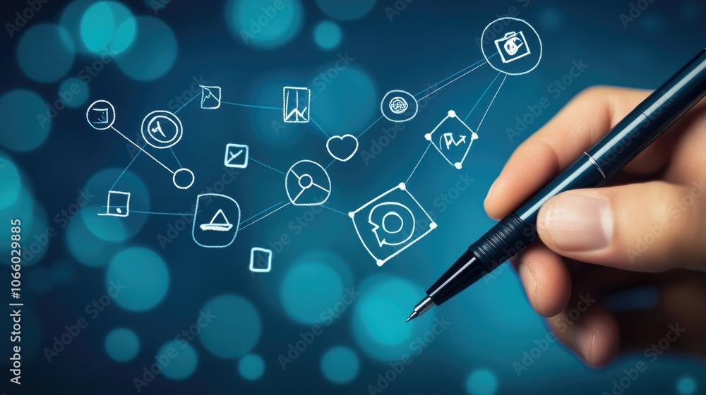 Aufkleber Capturing the essence of cybersecurity, a hand with a pen moves through floating icons on a digital interface, symbolizing innovative security solutions.