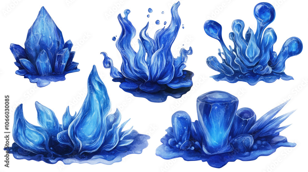 Poster artistic blue fire and crystal objects on clear background generative ai