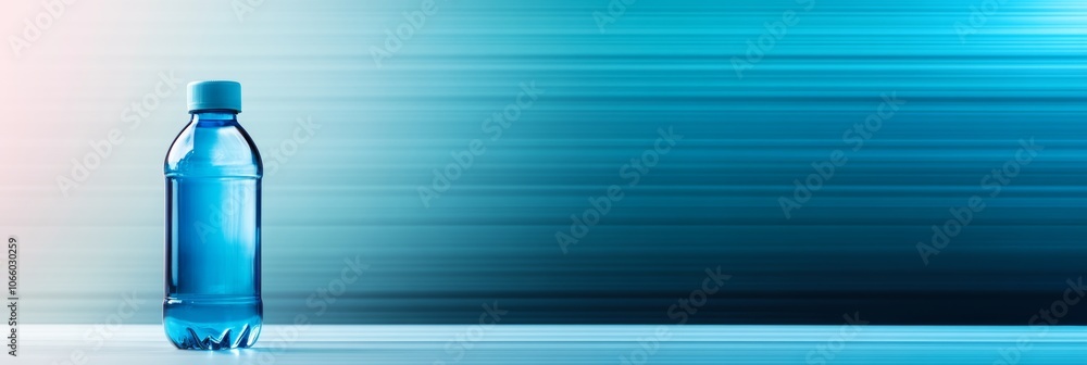 Poster small blue plastic water bottle standing on a white table with a fast moving blue and turquoise abst