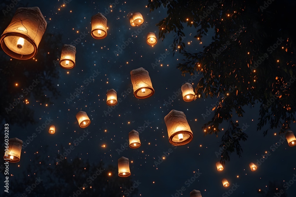 Poster a night sky illuminated by floating lanterns, creating a magical and serene atmosphere.