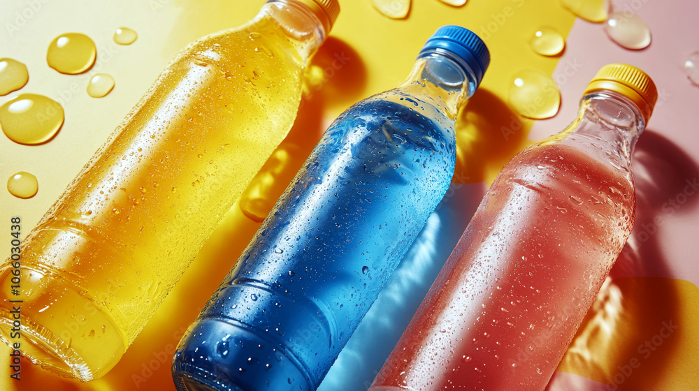 Poster three plastic bottles with colorful liquids lie on a wet surface with bold lighting. concept: refres