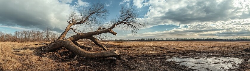 Obraz premium Explore the beauty of nature with a scenic view of a weathered tree against a dramatic sky