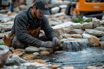  Man creating stone waterfall feature in landscape design project with natural pond elements