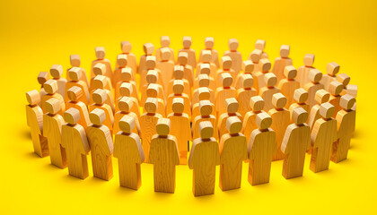 Fototapeta premium Group of wooden people figurines on a yellow background. Crowd, meeting, social activity. Society, social group. Herd instinct, management of people. Human resources, workers stand together isolated