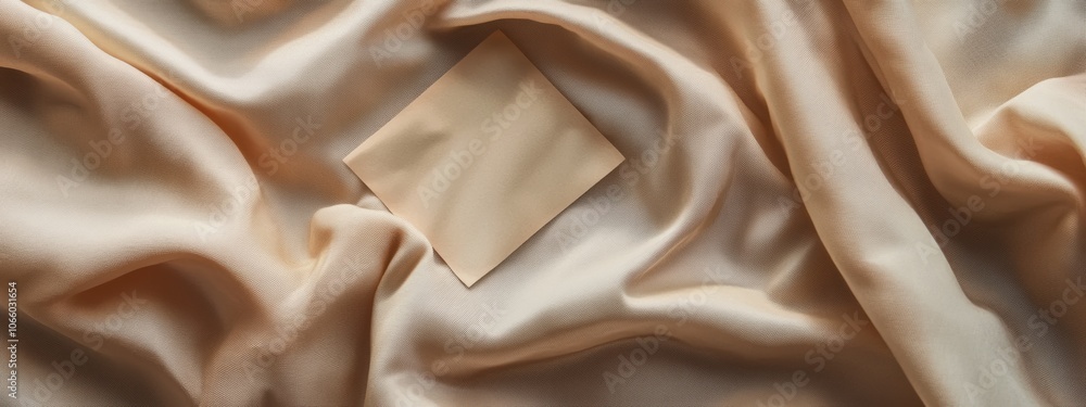 Poster clothing label design displayed on gentle fabric surface, showcasing branding and texture in a visua
