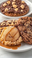 Fototapeta premium Enjoy a delightful bowl of creamy vanilla ice cream topped with rich caramel and accompanied by crispy cookies, elegantly presented