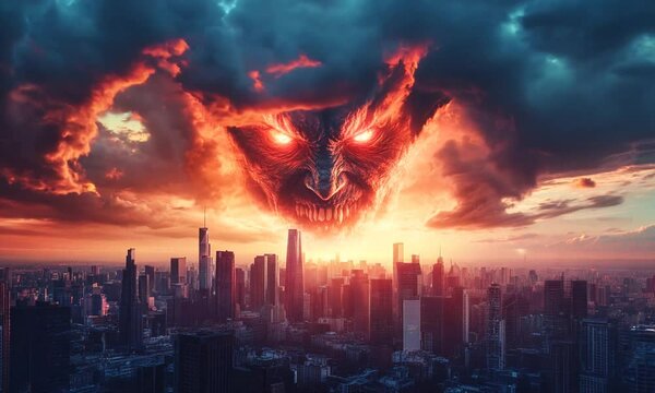 Satan devil face in the sky over modern city, evil, armageddon