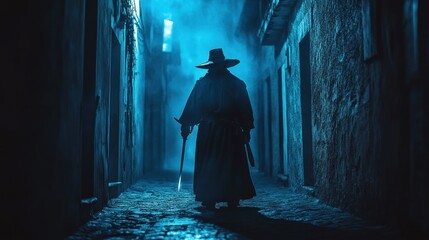 Silhouetted Figure in a Foggy, Blue-Lit Alleyway