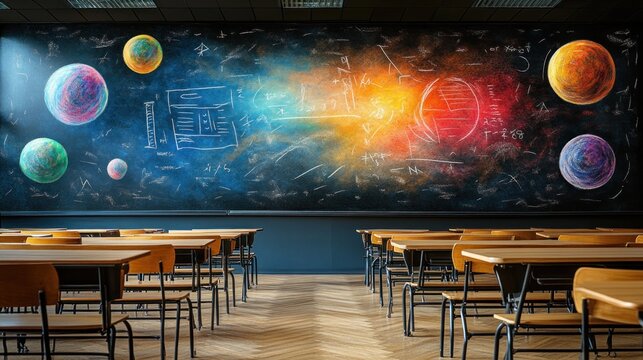 Empty classroom with chalkboard decorated with colorful planets, diagrams, and equations.