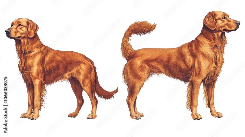 Poster detailed collages of golden retrievers showcasing front and back views generative ai