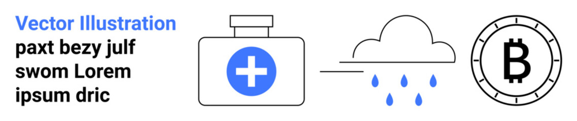 Obraz premium Medicine bottle with blue cross, cloud with rain, Bitcoin symbol in circular frame. Ideal for healthcare, weather forecasting, cryptocurrency, tech, finance, pharmacy, and environment-related