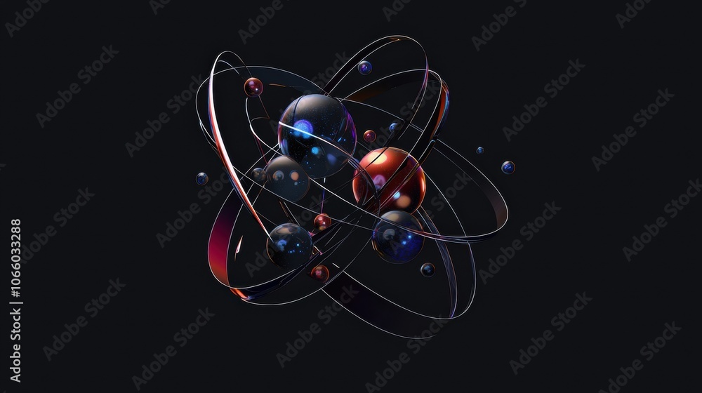 Poster abstract atomic model with colorful spheres and orbits
