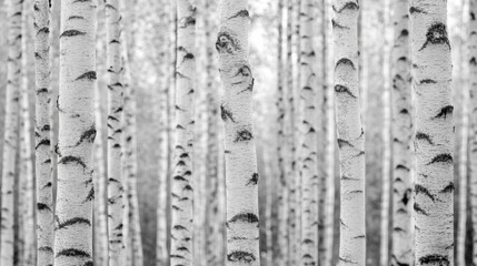 Fototapeta premium Black and White Close-up of Birch Tree Trunks in a Forest