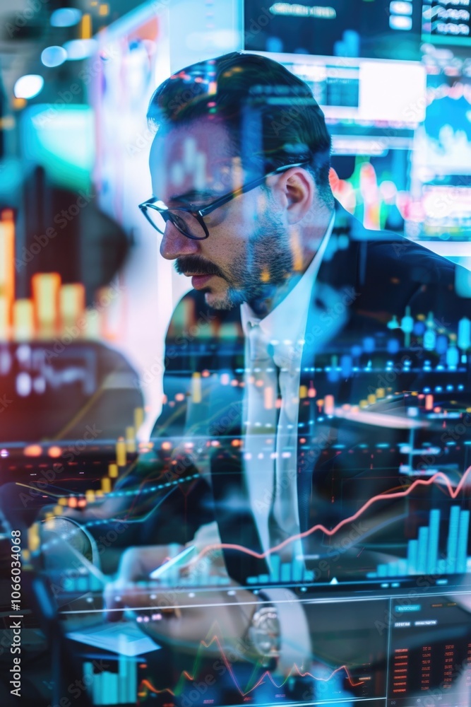 Poster man analyzing stock market and financial data on computer