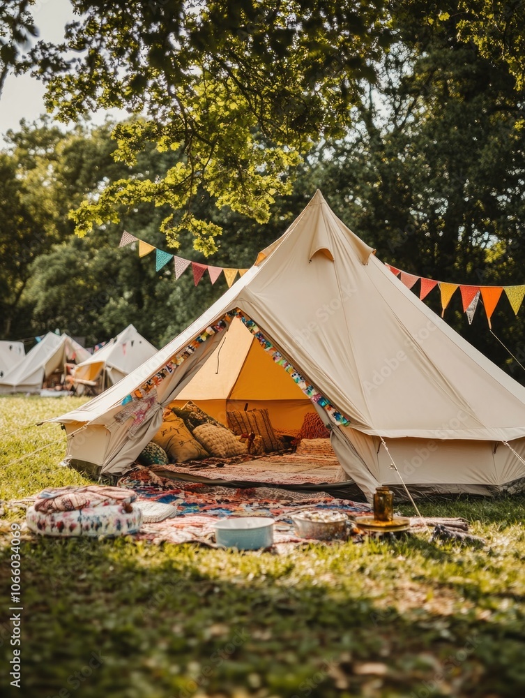 Poster multiple canvas tents set up in a grassy field under trees, each adorned with colorful flags and dec