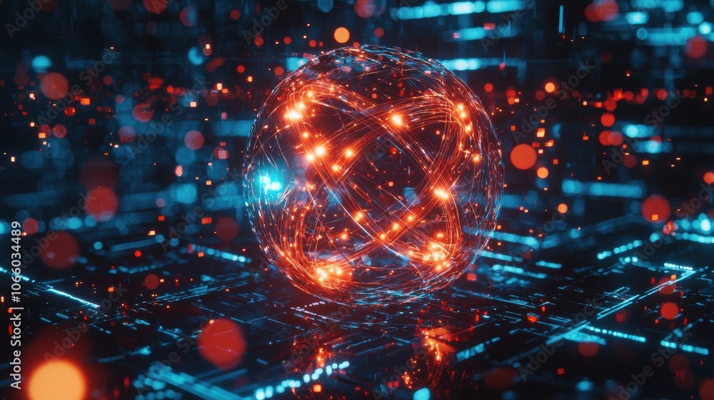 Poster futuristic abstract sphere with glowing particles and lines