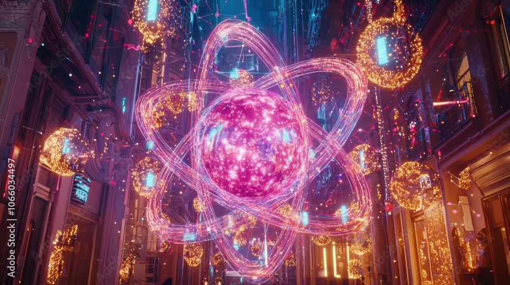 Poster futuristic scene with colorful atomic structure display