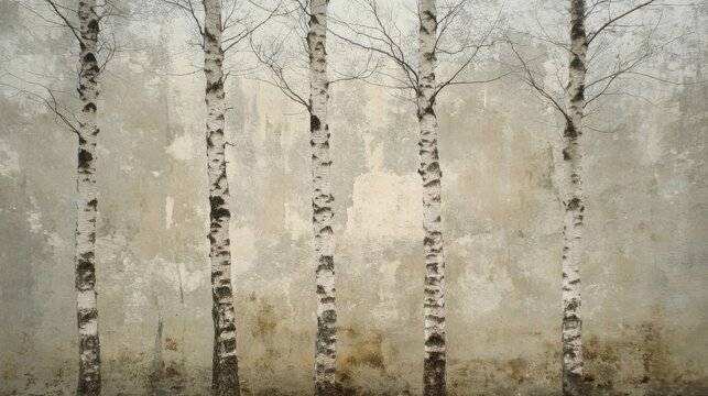 Five Birch Trees Against a Weathered Concrete Wall