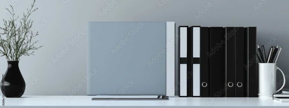 Poster folder mock-up on pristine white desk, showcasing professional organization and sleek design element