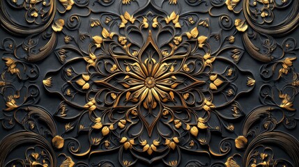 Naklejka premium Intricate Gold Floral Design on a Dark Background