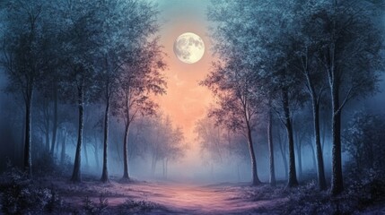 Fototapeta premium Moonlit Forest Path: Mystical Night Scene Painting