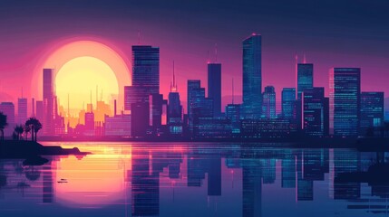 Fototapeta premium Cyberpunk Cityscape Sunset: Neon Reflections, Glowing Towers, Digital Art