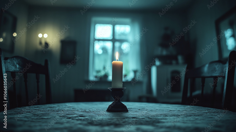 Poster a lit candle sits on a table in a dimly lit room with chairs and a window in the background. concept