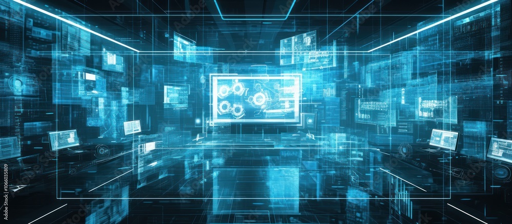 Poster abstract digital background with glowing blue screens and a central screen with gears.
