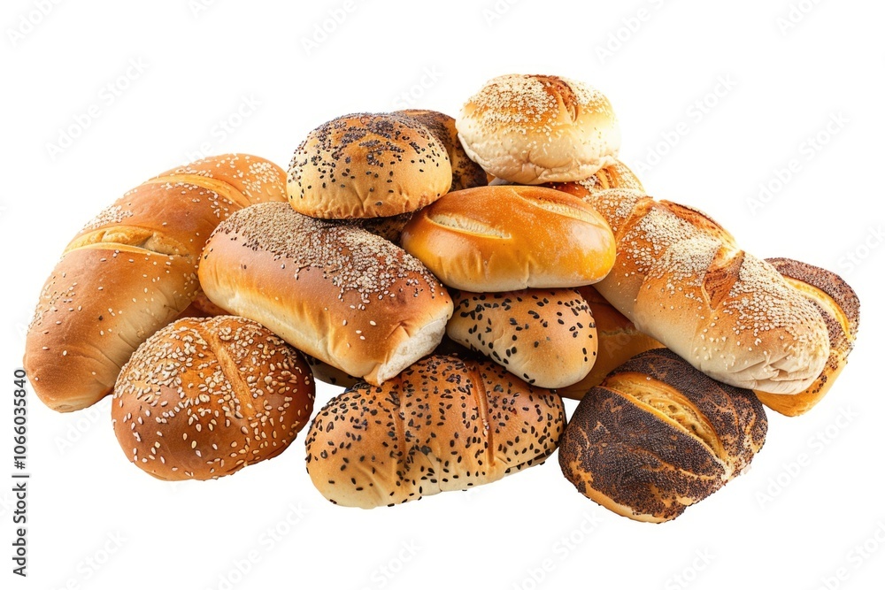 Poster pile of different types of bread with sesame seeds on top. the breads are of various shapes and size