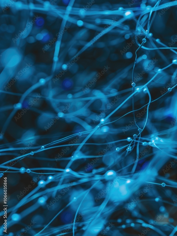 Poster blue nodes forming neural network, symbolizing technology and connectivity.