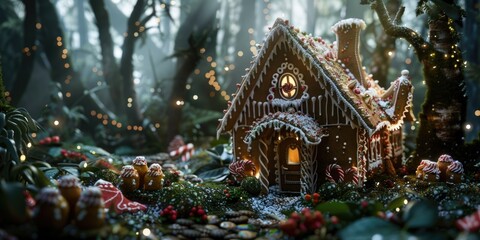 Obraz premium A whimsical Christmas scene with a gingerbread house nestled in the middle of a forest, adorned with festive decorations.